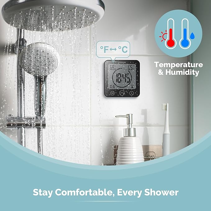 KADAMS Shower Clock Waterproof Bathroom Timer – Digital Wall Clock with Countdown, Magnetic Kitchen Clock with Temperature & Humidity, Suction Cup for Kids Shower Spa Sauna Cook Bath (Black)