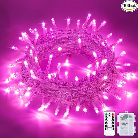 JMEXSUSS 33ft 100 LED Pink Christmas Lights, Pink Battery Operated Lights with 8 Modes Remote, Indoor Outdoor String Light for Bedroom Christmas Party Tree Decorations