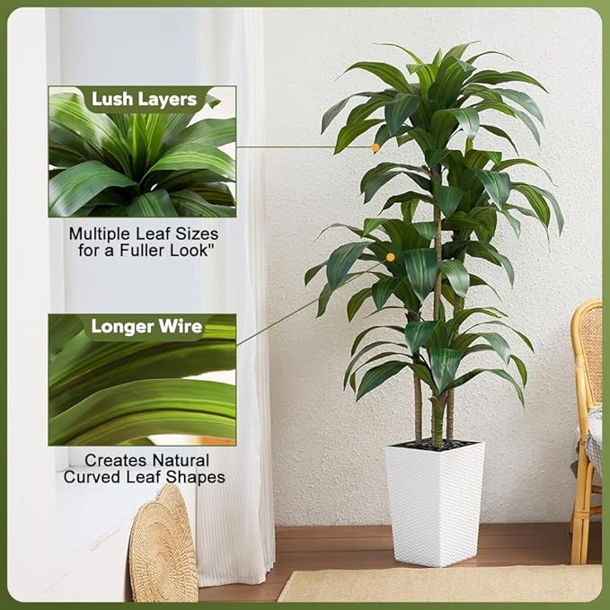 Artificial Dracaena Tree 6FT - Fake Tree with White Taper Planter & Pebbles - UV Resistant Faux Yucca Tropical Plant - Artificial Trees for Home Office Living Room Decor Indoor Outdoor
