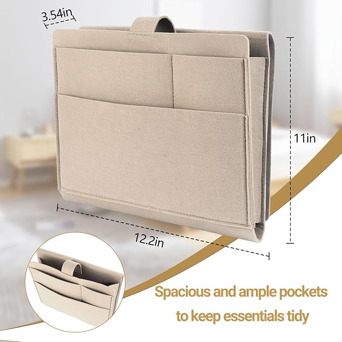 Seefoo Bedside Caddy, Large Bed Caddy Organizer with Cord Slit, Magazine Holder for Books, Remotes, Bunk Bed Storage Pocket with Strong-Grip Loop Tape Sticky for Dorm, Bedroom, Sofa Beige