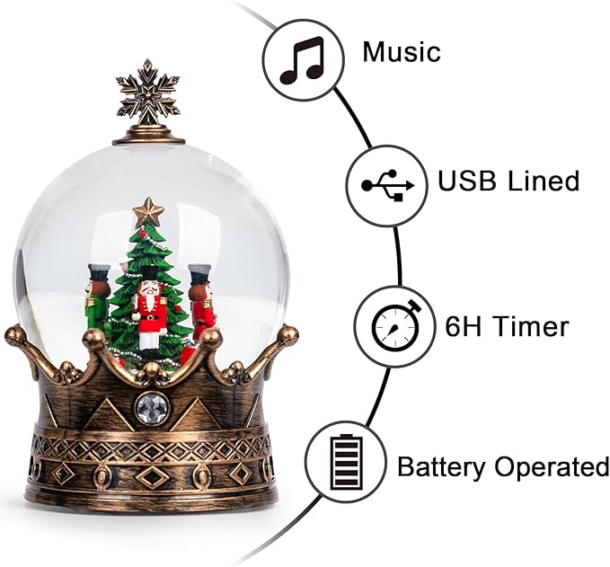 Nutcracker Snow Globe, Musical Crown Water Lantern with Swirling Glitter with Swirling Glittering Christmas Home Decoration and Gift, Battery Operated or USB Powered