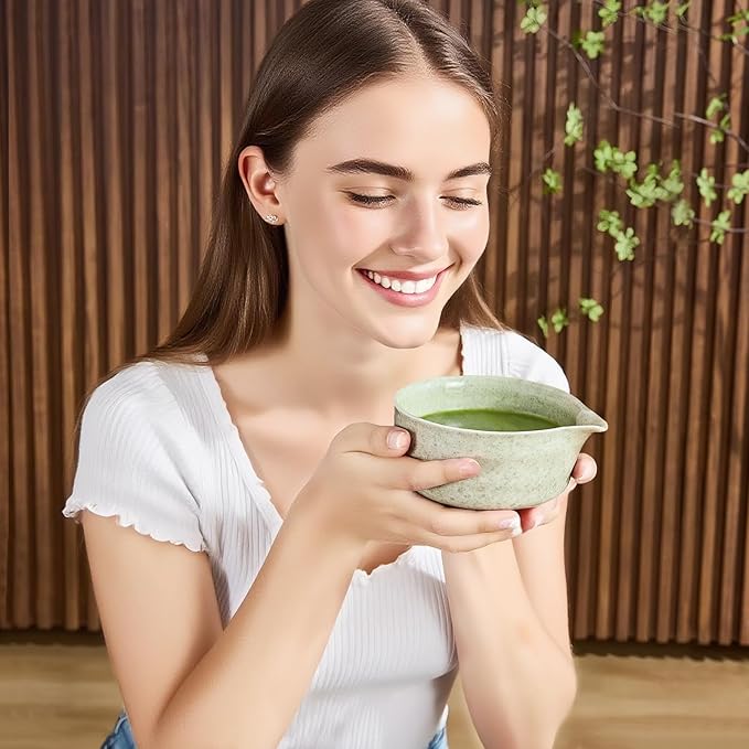 7Pcs Matcha Whisk Set - Matcha Bowl with Spout, Bamboo Whisk (Chasen), Holder, Stainless Sifter, Tea Scoop, Tea Towel, Scoop Rest. Full Japanese Ceremony Matcha Kit, Ideal Gift for Tea Fans (Green)