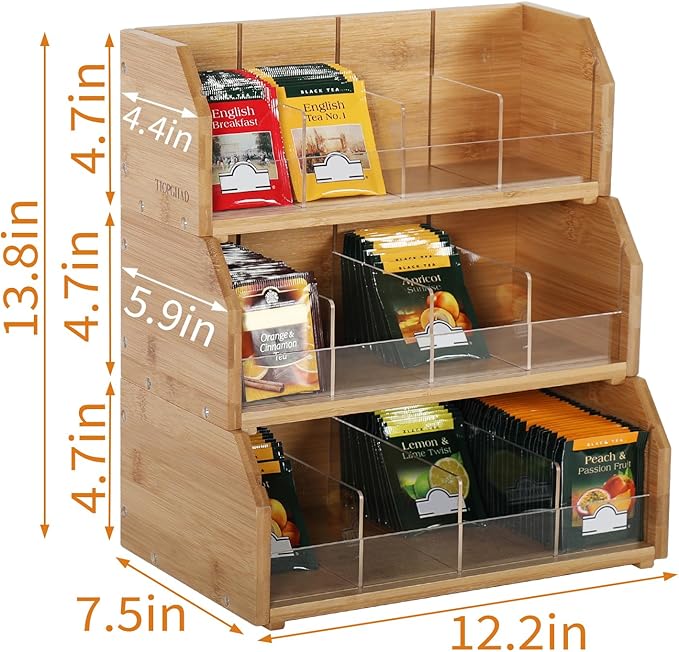3 Layer Stackable Bamboo Tea Bag Organizer Storage Holder for Tea Bags Wood Tea Box Containers Tea Rack Teabag Station Stand for Cabinet Countertop Office(Patented Design)