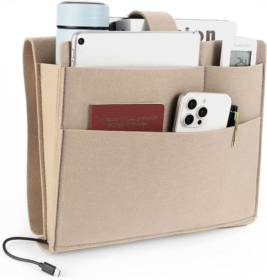 Seefoo Bedside Caddy, Large Bed Caddy Organizer with Cord Slit, Magazine Holder for Books, Remotes, Bunk Bed Storage Pocket with Strong-Grip Loop Tape Sticky for Dorm, Bedroom, Sofa Beige