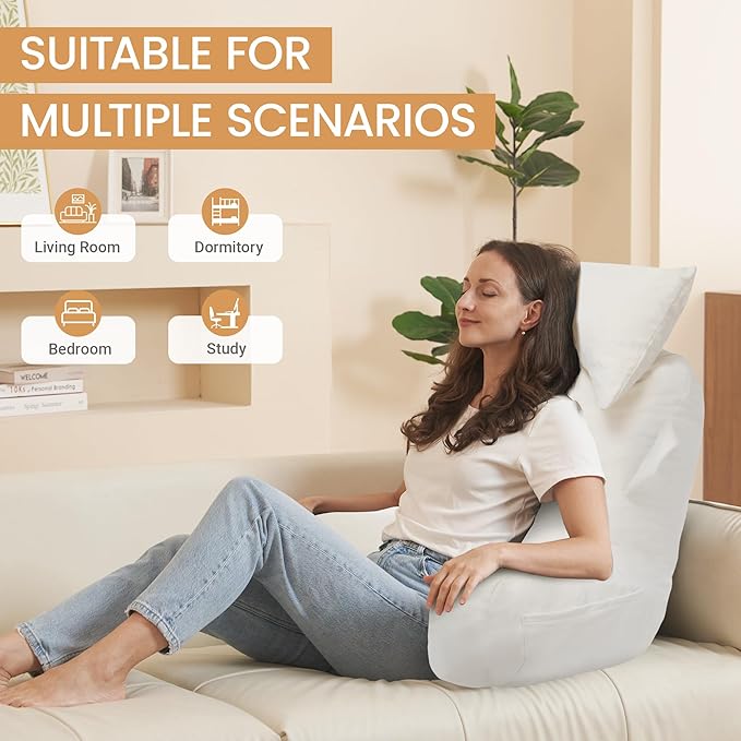 Portable Reading Pillows with Headrest for Bed Sitting Up(Beige Oeko-Tex), Velvet Back Pillow with Arms & Pockets for Adults, Support Memory Foam Bed Pillow for Dorm/Reading/Watching/Gaming