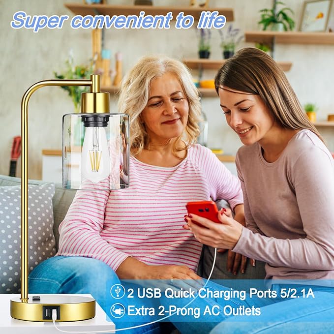 Industrial Touch Control Table Lamps Set of 2 - Gold Nightstand Bedside Lamps with 2 USB Ports & AC Outlet, 3-Way Dimmable Desk Lamp for Bedroom Living Room, Glass Shade & 2 LED Bulbs Included