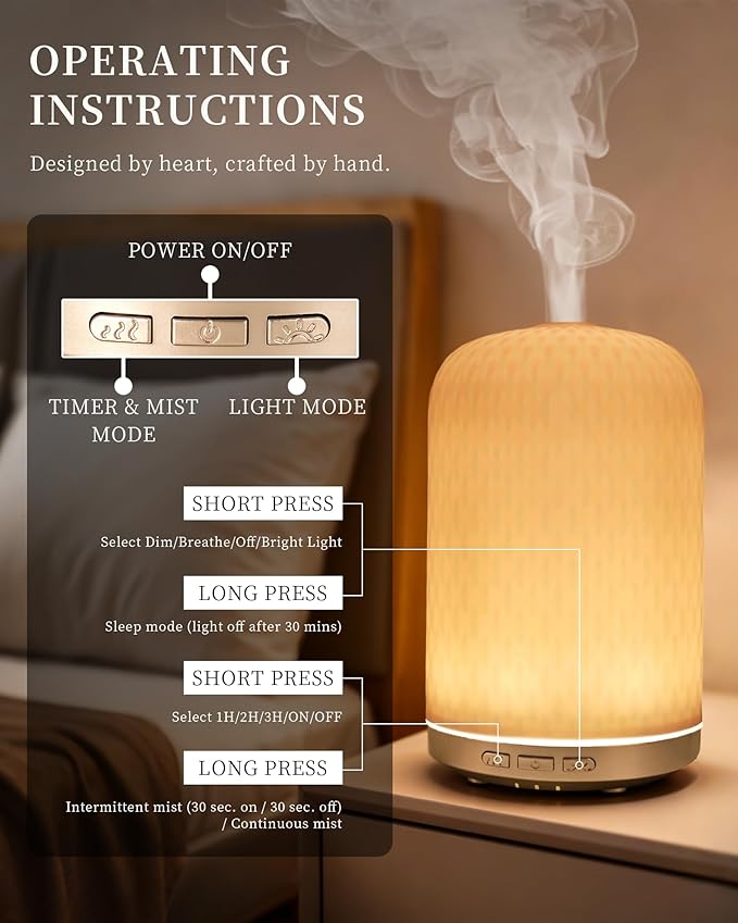 Essential Oil Diffuser for Home, 120ML Diffusers for Essential Oils Large Room, Ceramic Diffuser with USB Cable, Warm Ambient Light, Aromatherapy Diffuser Home Decor, Gift Choice, Pink