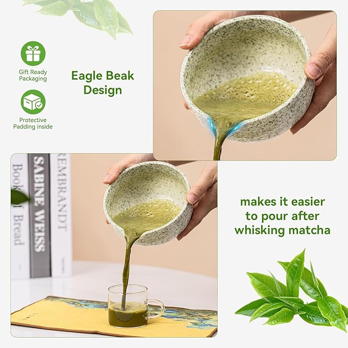 Matcha Whisk Set, Green Speckled Ceramic Matcha Bowl with Spout, Bamboo Whisk & Holder – 8-Piece Making Kit for Home, Yoga & Gifts – Matcha Lovers & Japanese Tea Culture