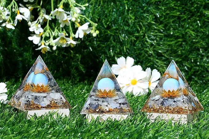 LAIDANLA Rainbow Moonstone Orgone Pyramid Healing Crystals Orgonite Pyramid Flower of Life Positive Energy Spiritual Reiki Gemstone Pyramid for Anti-Stress Inspirational Attracts Success Decor Gifts