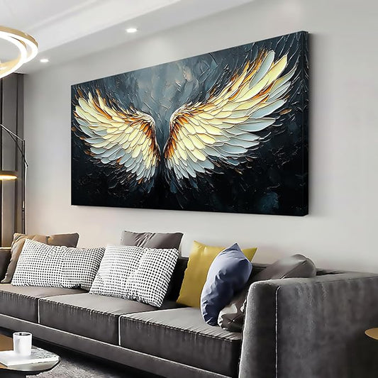 ZESTRILIA Angel Wings Wall Art for Girls Room Gold Gray Canvas Oil Painting Prints Modern Abstract Fantasy Anime Artwork Living Bedroom Office Decor (30x16 Inches)
