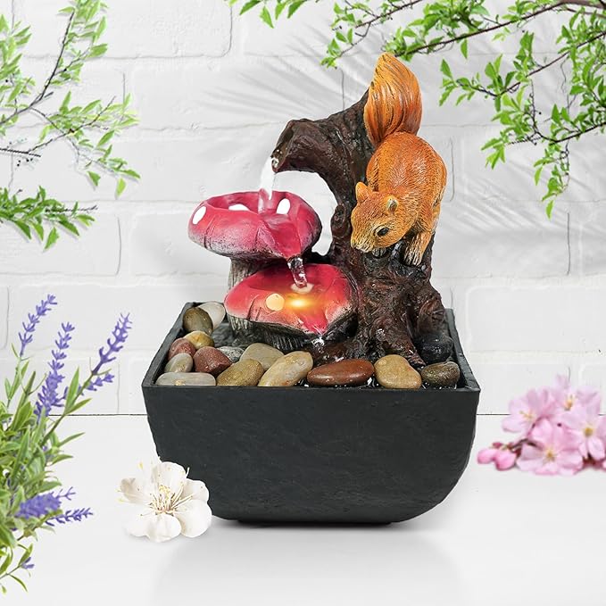Ferrisland Tabletop Water Fountain Indoor - 3 Tiered Waterfall Fountain Indoor Desktop Water Feature with Light Squirrels Animal Sculpture Relaxation Fountains for Office Home Decor, Gift Idea