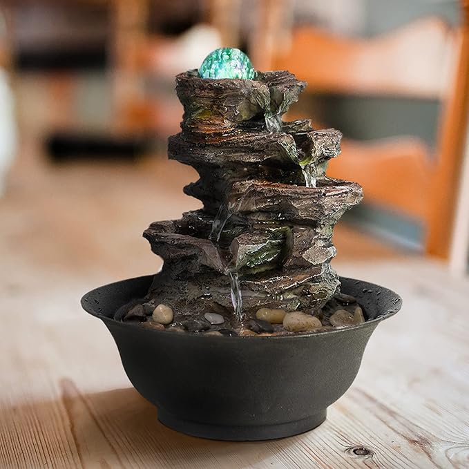 Ferrisland Tabletop Rock - Stacked Waterfall Fountain with LED - Lit Crystal Ball, Ideal for Office & Home Decor(Brown Gray)