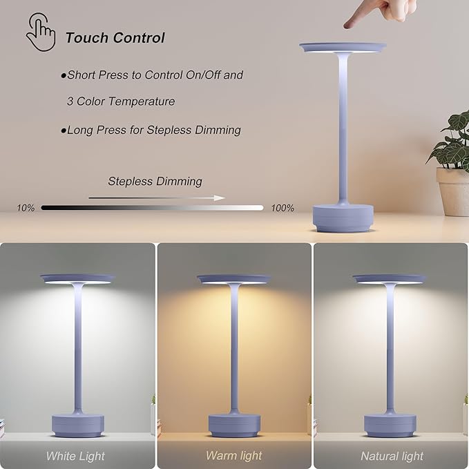 2 Pack Rechargeable Cordless Table Lamps, Portable 5000mAh Outdoor Table Light, 3 Color Stepless Dimming LED Table Lamp with Memory Function, for Home/Dinner/Patio/Restaurant.(Light Purple)