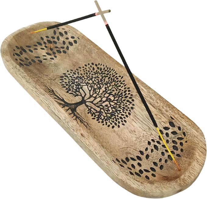 VANIYA CRAFTS® Wooden Handmade Tree of Life Design Boat Shape Incense Holder Stand Insence Tray for Home Decor Restaurant (11X4, Natural Black)