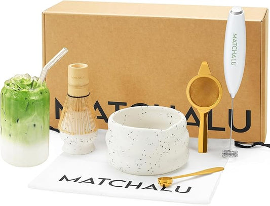 Matcha Whisk Set With Ceramic Matcha Bowl, Bamboo Whisk & Holder, Stainless Steel Spoon & Sifter, Glass Cup & Straw, Electric Frother, Storage Bag - Gift for Matcha Lovers (Premium 9-Piece Set White)