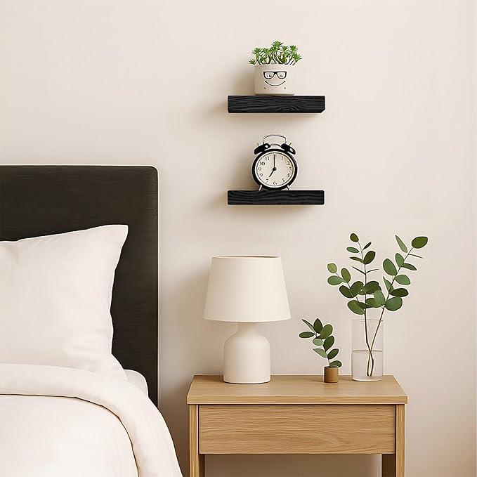 BGMG Small Wood Floating Shelves for Wall 8 inch Set of 2,Black Floating Shelves,Solid Wood Wall Shelves for Bathroom Living Room Bedroom Kitchen Farmhouse-8x 6.7 x1.25 inch