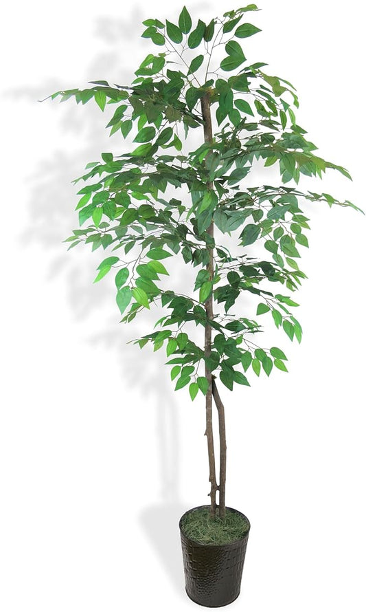 Artificial Ficus Tree in Black Metal Pot - Real Wood Trunk, Preassembled, No Maintenance Indoor Faux Plant - Living Room, Home & Office Decor (6ft Tall)