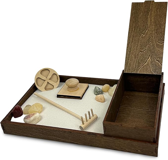 Wooden Zen Garden with Accessories Box | White Sand with Rake & Accessories | Minimalist Decor Gift for Relaxation | Great for Storing Tools and Other Items