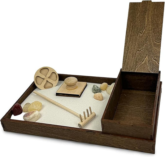 Wooden Zen Garden with Accessories Box | White Sand with Rake & Accessories | Minimalist Decor Gift for Relaxation | Great for Storing Tools and Other Items