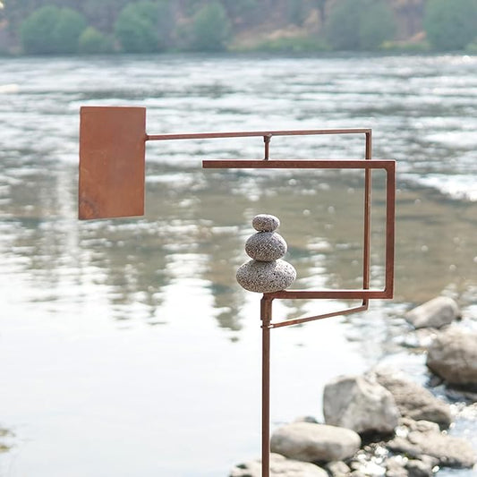 Aura Life Modern Zen Garden Spinner Kinetic Wind Sculpture with Rock Cairn & Stake - Relaxing Outdoor Spinners for Yard and Garden - Handmade Outdoor Wind Art Vane Sculptures (Bare Steel)