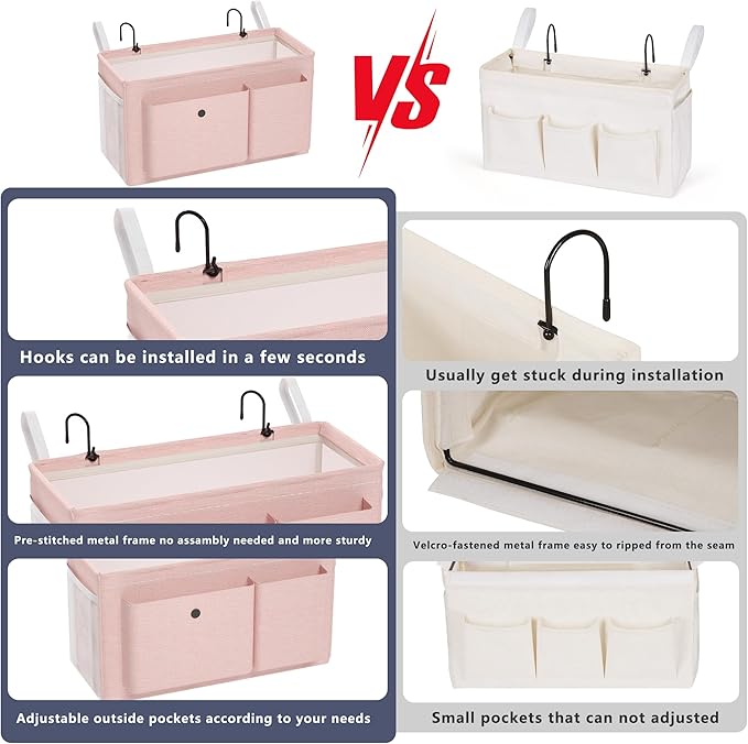 Bedside Caddy Bedside Organizer with Fixed Straps & Water Bottle Holder, Bunk Bed Caddy ideal for Home, Dorm, Hospital, Crib, Versatile Bedside Storage Solution (Pink)