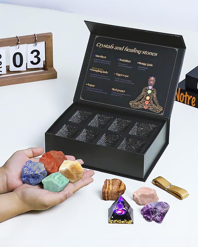 Crystals and Healing Stones Set with Orgonite Pyramid - (2-2.5 inch) Large 7 Chakras Stones, Positive Energy Healing Stones for Meditation Spiritual Protection, Christmas Birthday Gifts for Women