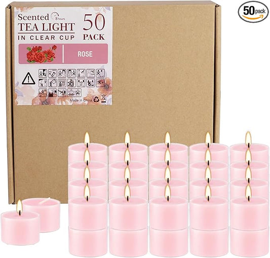 Rose Scented Candle Tealight Candles in Clear Cup, 8 Hours Consistent Smkless Clean Burning, Great for Holiday, Wedding, Spa, Emergency and Home Decoration（Pink，50 Pack）