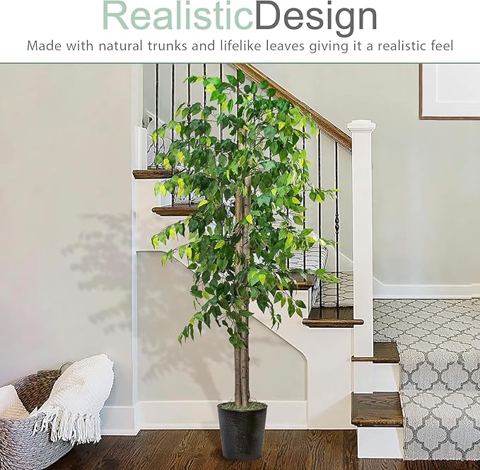 Artificial Deluxe Ficus Tree in Black Metal Pot - Real Wood Trunk, Preassembled, No Maintenance Indoor Faux Plant - Living Room, Home & Office Decor (6ft Tall)