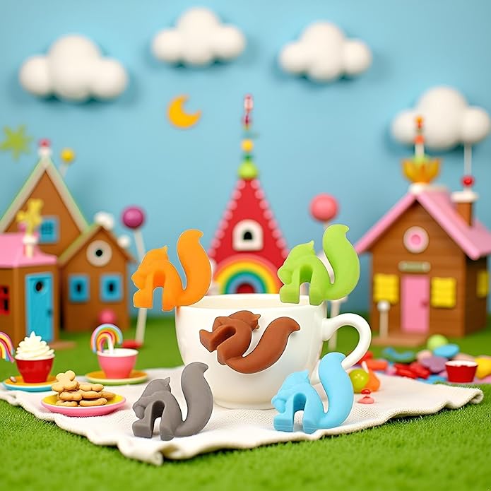 5Pcs Random Color Cute Squirrel Shape Silicone Tea Bag Holder Cup, Squirrel Drink Markers, Tea Bag Holder for Cup Hanging Tool Mug Candy Colors Gift Set，Tea Bag Coasters，Coffee, Tea and Espresso