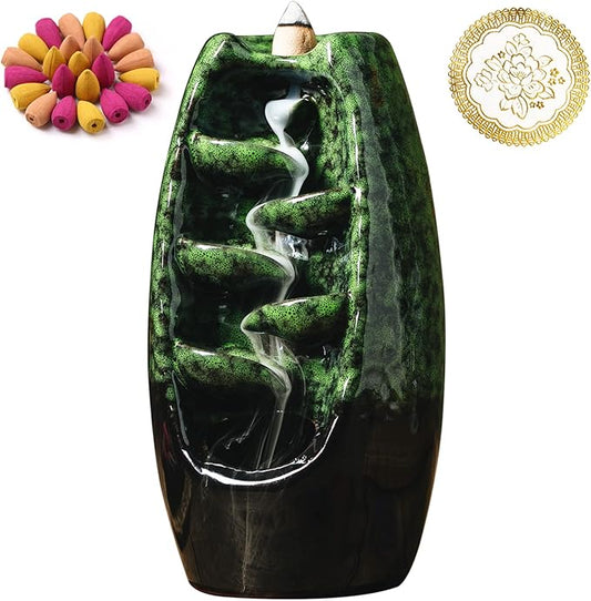 INONE Ceramic Incense Burner with 100 Upgraded Cones, Waterfall Backflow Incense Holder, Aromatherapy Ornament, Zen Decor, Home Decor, Room Decor (Green)