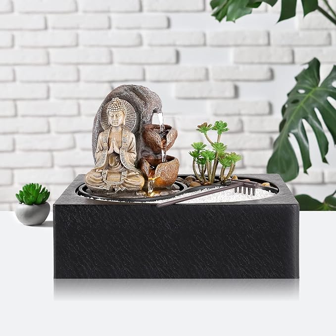 WICHEMI Waterfall Fountains Indoor Water Fountain Tabletop Fountain Zen Garden Buddha Fountain with LED Warm Light for Office Home and Bedroom Desktop Decor