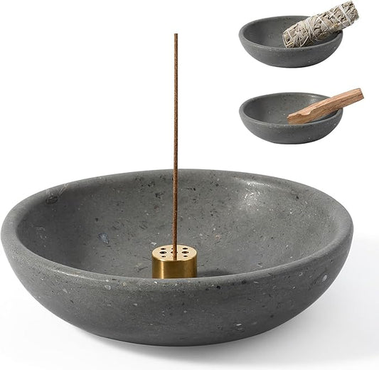 Koville Natural Marble Incense Holder, Incense Holder for Sticks with 9 Holes, Handmade Incense Burner Ash Catcher for Meditation Yoga SPA, Balsam Fir/Palo Santo/Sage/Cone (Gray)