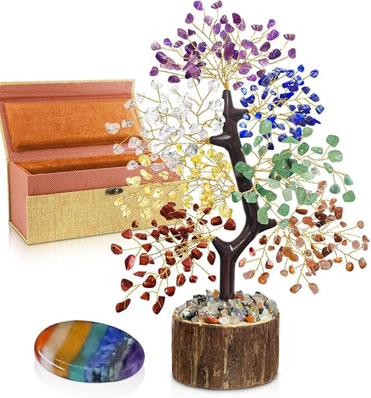7 Chakra Crystal Tree of Life with Worry Stone (Set 2) - Unique Birthday Gifts for Women, Gift for Mom, Chakra Healing Trees Positive Energy for Home Decor, Office Desk Decor, Christmas Gifts