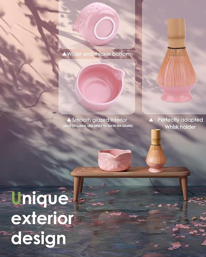 Matcha Whisk Set, Ceramic Matcha Set Includes Bowl with Spout, Whisk and Holder, Bamboo Scoop, Sifter and Tea Towel - 6 Pcs Matcha Kit Gift for Lovers Beginners (Pink)