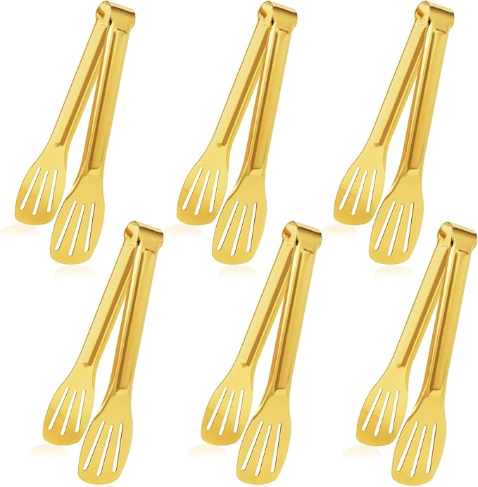 JCREN Serving Tongs - 6 Pack Stainless Steel Buffet Tongs, Gold, 7 Inch