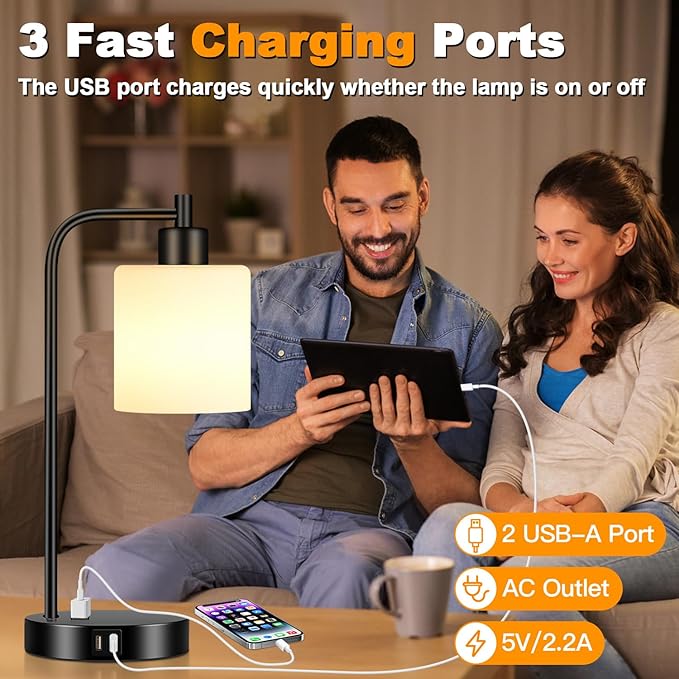 Set of 2 Industrial Touch Control Table Lamps with 2 USB Ports and AC Outlet - 3-Way Dimmable Black Bedside Lamp Nightstand Desk Lamps for Bedroom Living Room, Opal Glass Shade & 2 LED Bulbs Included
