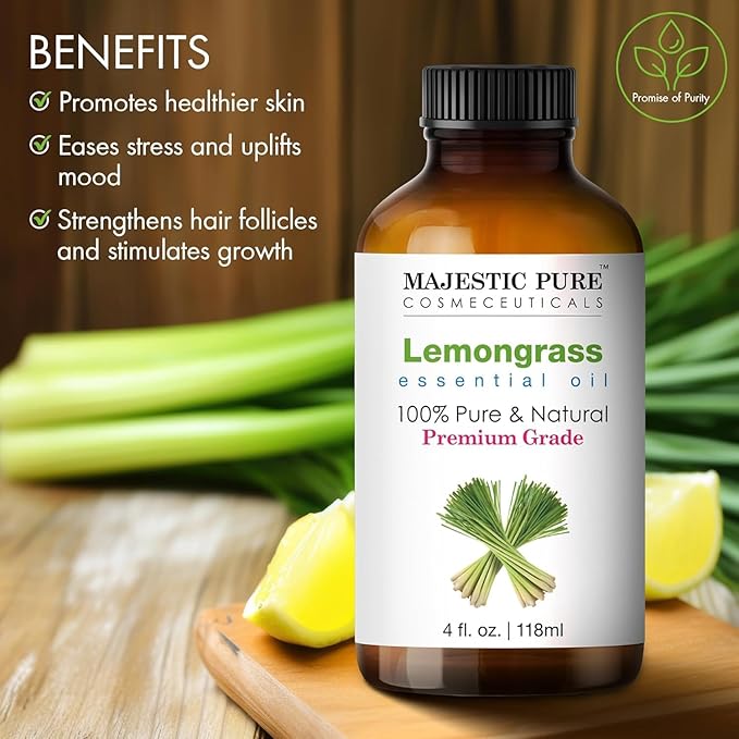 Majestic Pure Essential Oil with Glass Dropper - 100% Pure and Natural - Essential Oils for Diffuser, Aromatherapy, Soap and Candle Making, Lemongrass Essential Oil, Lemongrass Oil, 4 Fl Oz Pack of 2