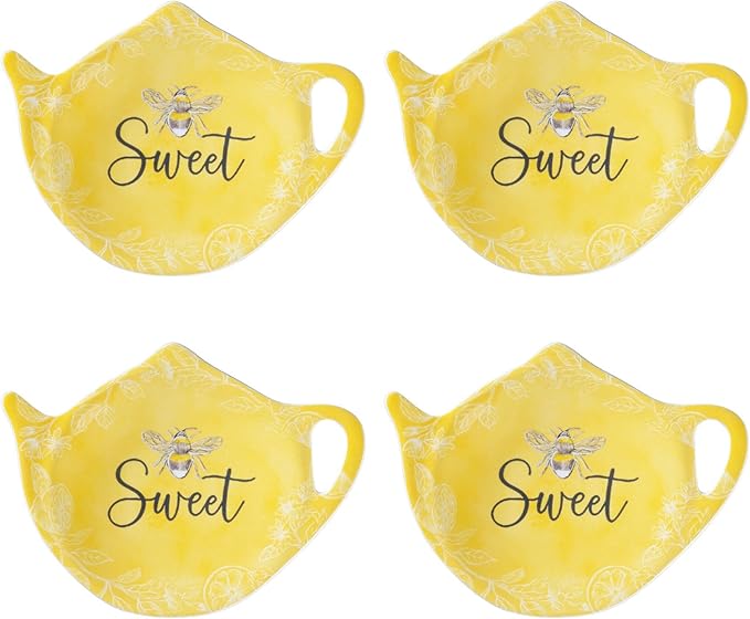 Supreme Housewares Sweet Bee Tea Bag Holders, Teapot Shaped Tea Bag Coasters Spoon Rests Saucer Seasoning Dish Set, Yellow, 4 x 3 Inch, Set of 4