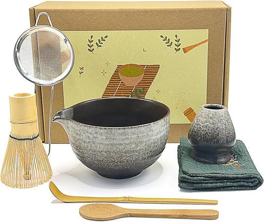 Matcha Whisk Set,7 Pcs Matcha Kit Tea Tools Includes Matcha Bowl with Spout, Sifter, Bamboo Scoop,Tea Towel,Whisk and Holder, Ideal Gift for Matcha Lovers (Black&White)