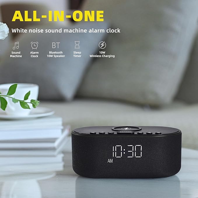 Sound Machine Alarm Clock for Bedrooms: Bluetooth 10W Stereo Sound Speaker with Wireless Charging - White Noise Machine for Sleeping with 21 Soothing Sounds - Black