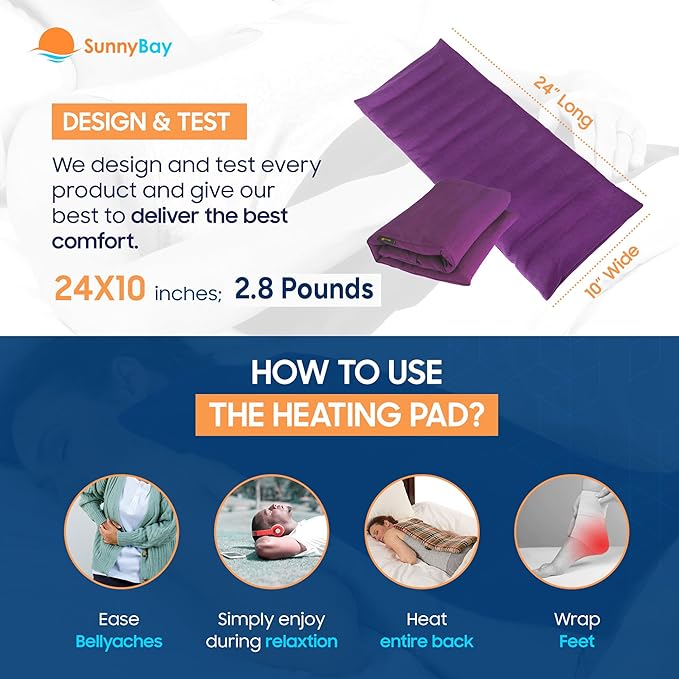 SunnyBay Extra Large Microwave Heating Pad, Microwavable Heavy Weighted Full Body Moist Cold Pack and Washable Fleece Cover, 10x24 Inches, 2.8 lbs, Made in USA, Purple