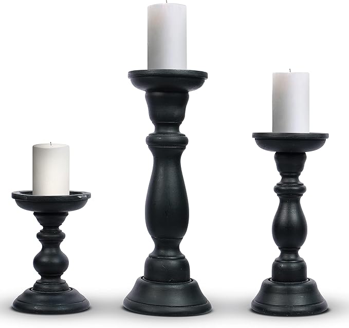 Mela Artisans Matte Black Hand Carved Wooden Pillar Candle Holders - Set of 3 | Tuli Decorative Style | Crafted from Mango Wood | Rustic Table Centerpiece Decor | Sized 6", 9" and 12"