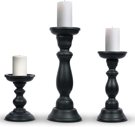 Mela Artisans Matte Black Hand Carved Wooden Pillar Candle Holders - Set of 3 | Tuli Decorative Style | Crafted from Mango Wood | Rustic Table Centerpiece Decor | Sized 6", 9" and 12"
