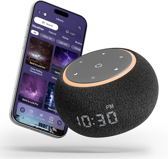 White Noise Sound Machine for Sleep, Dual-Stage Alarm, Snooze, Smart App Control, Custom Buttons, 507 Non Looping Soothing Sounds, Dimmable Clock, Timer, Night Light, for Baby Adults Kids Black