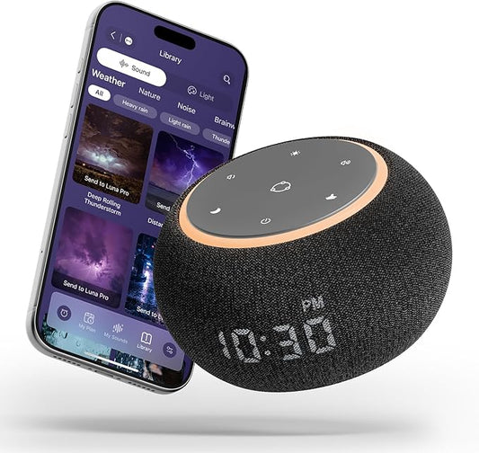 White Noise Sound Machine for Sleep, Dual-Stage Alarm, Snooze, Smart App Control, Custom Buttons, 507 Non Looping Soothing Sounds, Dimmable Clock, Timer, Night Light, for Baby Adults Kids Black