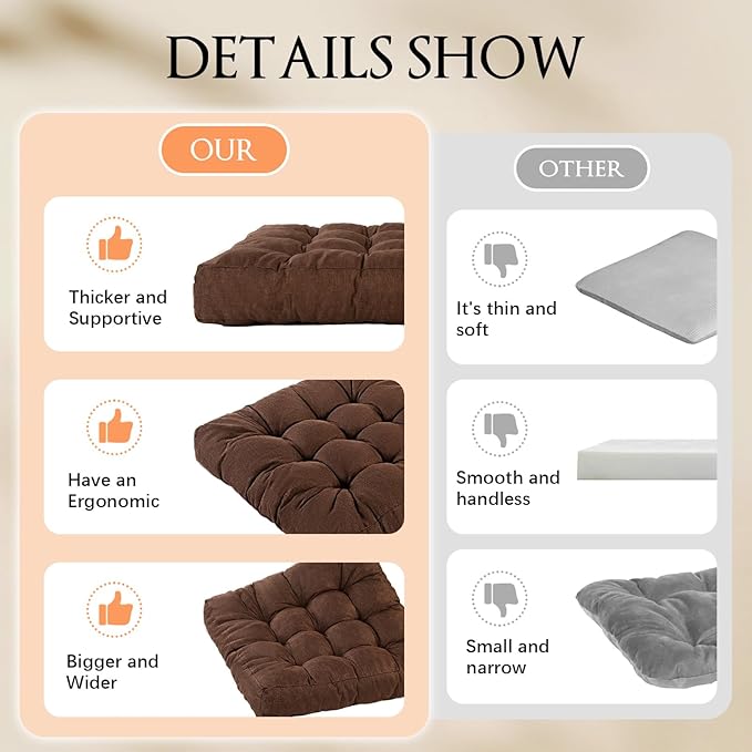 Meditation Floor Cushions, Thickened Floor Pillow for Adults, Large Square Pillows Seat Cushion for Tatami Living Room Yoga, Memory Sponge Block Added, 22x22 Inch, Brown