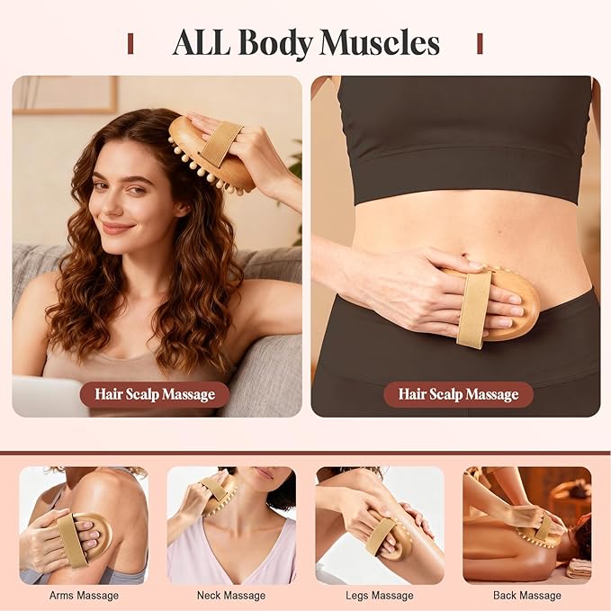 2 PCS Meridian Massage Brushes, Wood Therapy Massage Tools with Essential Oil, Handheld Meridian Brush for Belly Fat, Full Body Relaxation Cellulite Pressure Brushes for Legs, Arms, Back (Brown)