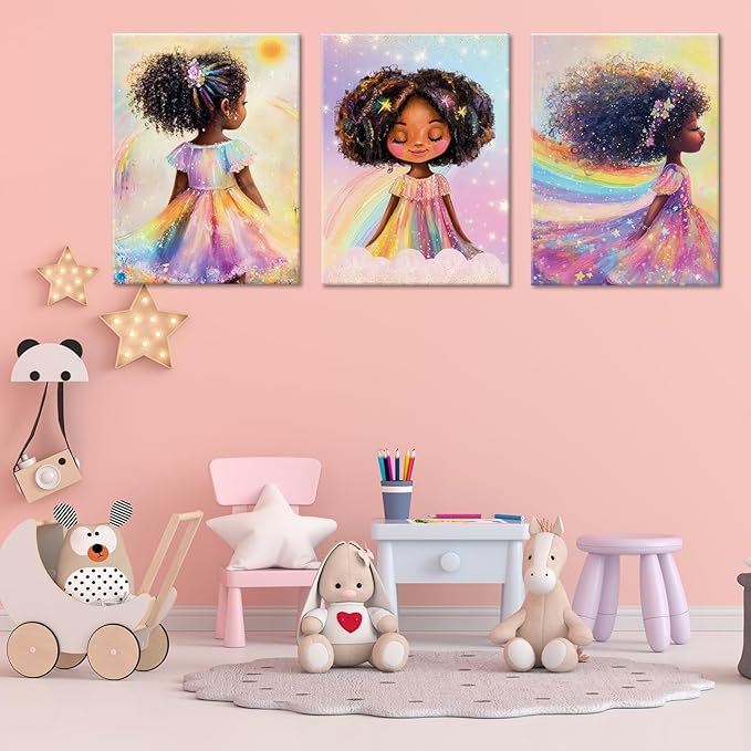 Black Girl Princess Wall Art, Rainbow Hair Girl Painting,Cute Afro Girls Art,Cute Black Girl Nursery Art,Whimsical Rainbow Art Print Set Poster,Black Kids Canvas Prints,Framed16 x 24inches X3piece