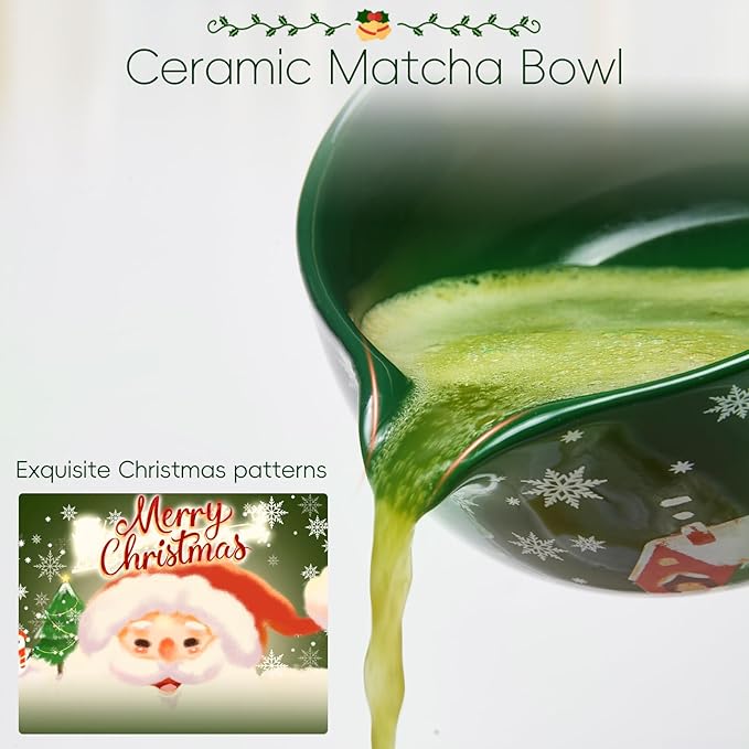 Christmas Gifts Matcha Whisk Set, Ceramic Matcha Set Includes Bowl & Holder, Bamboo Whisk (Chasen), Scoop, Spoon and Sifter, 6PCS Matcha Kit Covers Everything Needed for Making Matcha