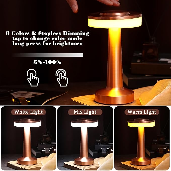 VIHOSE 8 Pcs Cordless Table Lamps LED Portable Rechargeable Table Lamp with Touch Sensor 3 Color Dimming up to 15 Hours Battery Desk Light for Restaurant Nursery Living Room (Rose Gold)